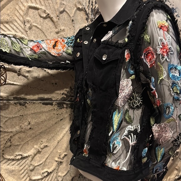 Adore Black Mesh Jean Jacket with Vibrant Embroidery - Picture 2 of 16